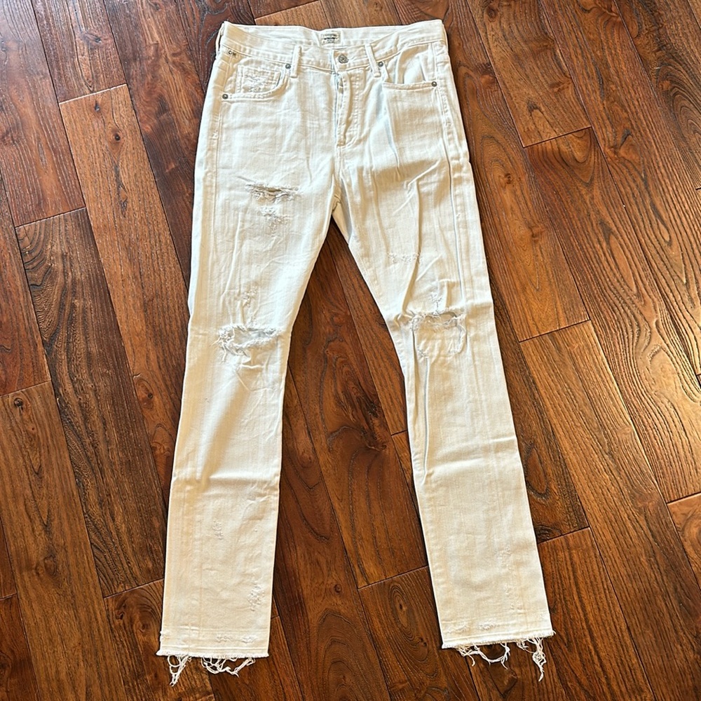 Citizens Of Humanity Cream Straight Leg Jeans with Distressed Details